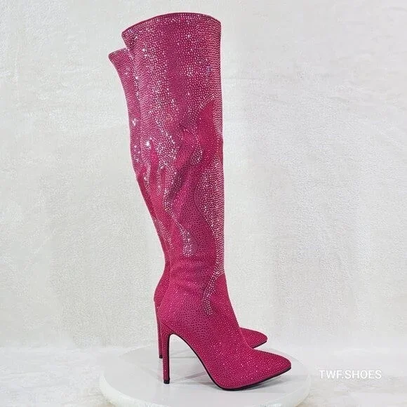 NIB Like It Hot Fuchsia Rhinestone Flame Detail Sexy OTK High Heel Thigh Boots - Picture 8 of 12